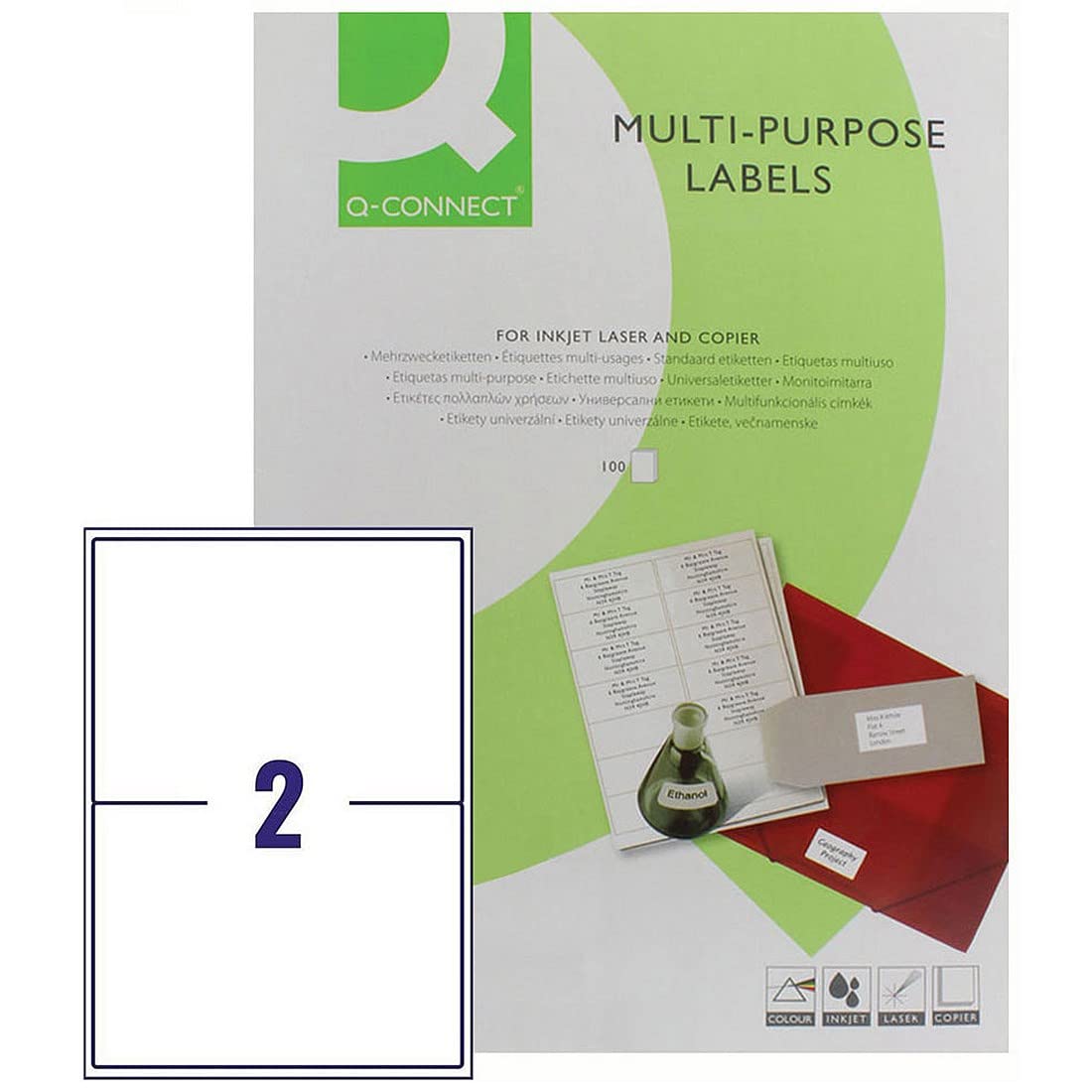 Q-Connect Multipurpose Labels - 199.6x143.5mm White, 2 Labels Per Sheet | 200 Pack 2