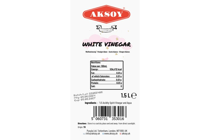 Aksoy Distilled White Spirit Vinegar 1.5L - Ideal for Cooking, Pickling & Natural Cleaning