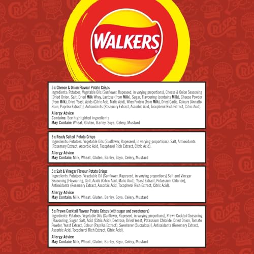 Walkers Classic Variety Multipack Crisps Box 20x25g - Ready Salted, Cheese & Onion, Salt & Vinegar, Prawn Cocktail