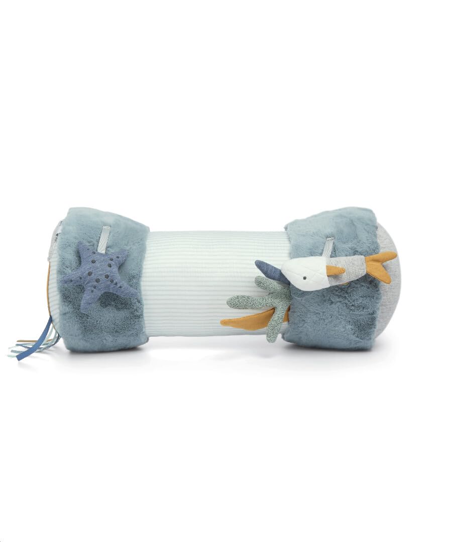 Mamas & Papas - Tummy Time Roll Interactive Soft Baby Pillow with Rattle, Welcome to The World, Blue 1