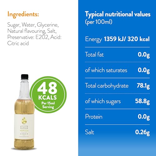 Simply - Vanilla Syrup, Vegan & Nut Free Flavoured Syrup for Coffee, Cocktails & Baking (1 Litre)
