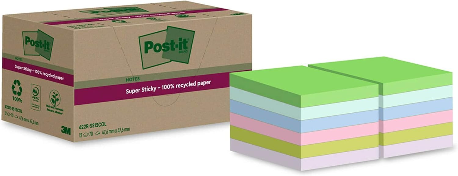 Post-it Super Sticky 100% Recycled Notes - 12 Pads, 70 Sheets/Pad | Multi-Color 2