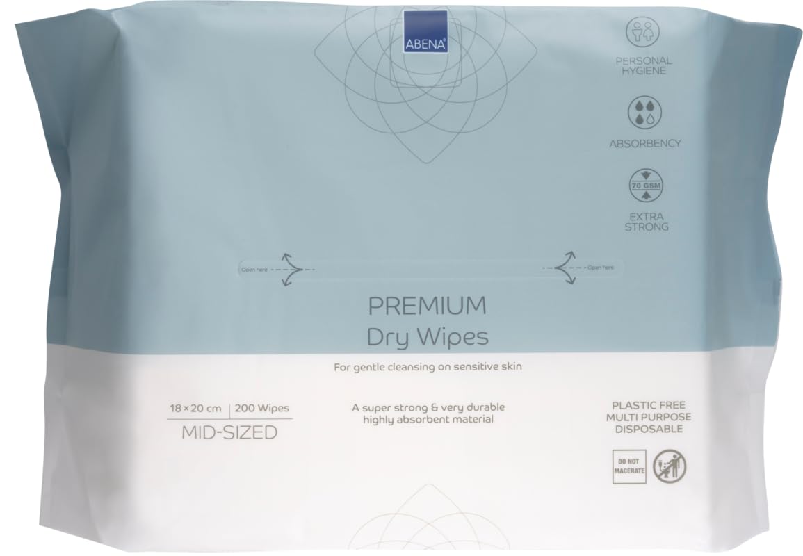 ABENA Premium Dry Wipes - Pack of 200 | 20 x 18cm | Hypoallergenic Cleansing Cloths