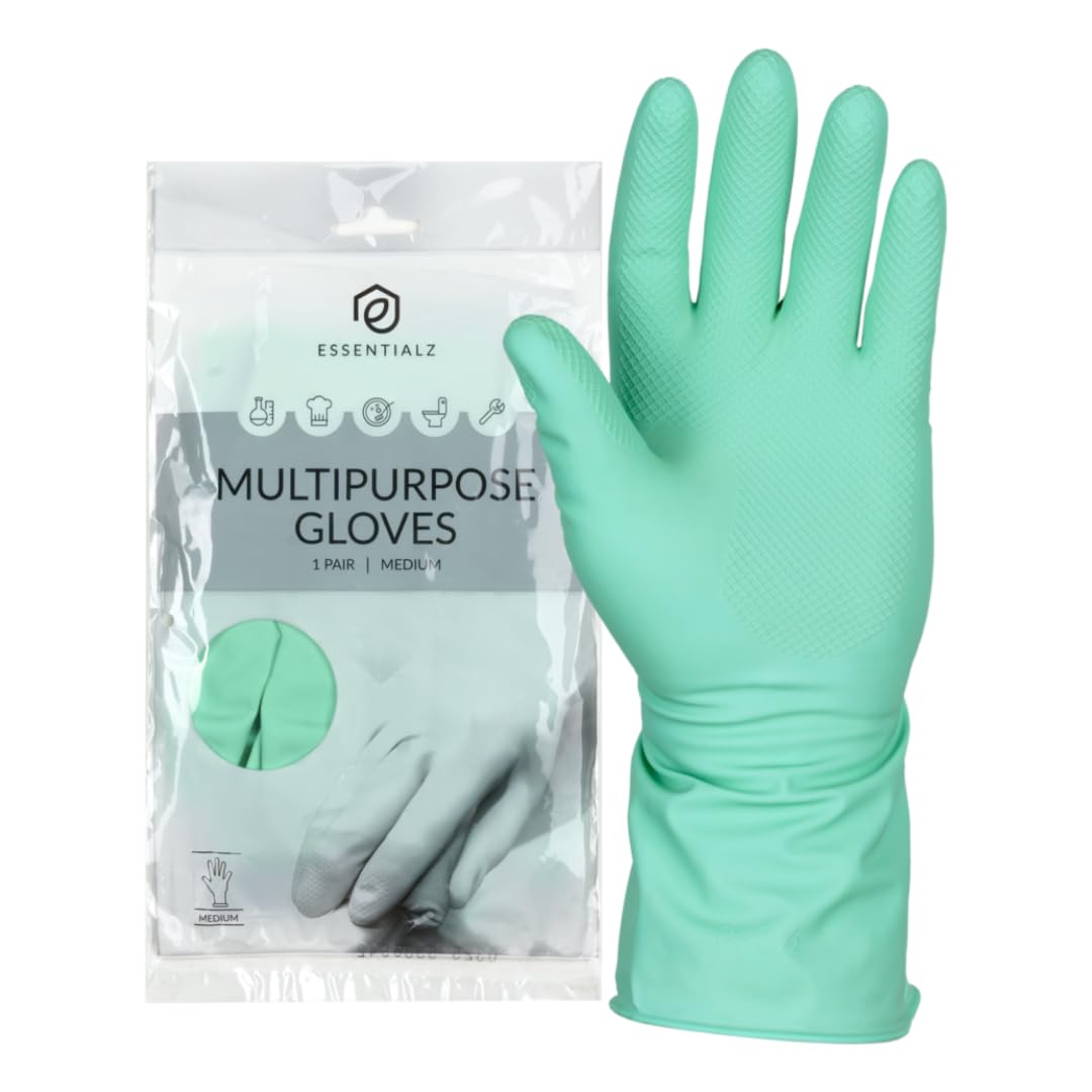Essentialz Heavy Duty Latex Household Gloves - Green, Medium Size, Reusable Protection