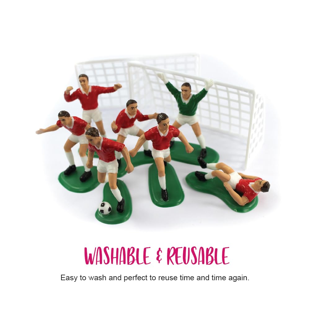 Anniversary House Football Cake Topper Set - 9 Pieces (7 Footballers, 2 Goals) | Red | Reusable 2