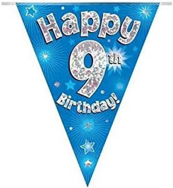 Happy 9th Birthday Bunting - Blue Holographic Party Decoration, 11 Flags, 3.9m 1