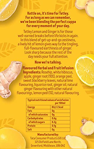 Tetley Zingy Lemon & Ginger Herbal Tea - 20 Teabags (Pack of 2)