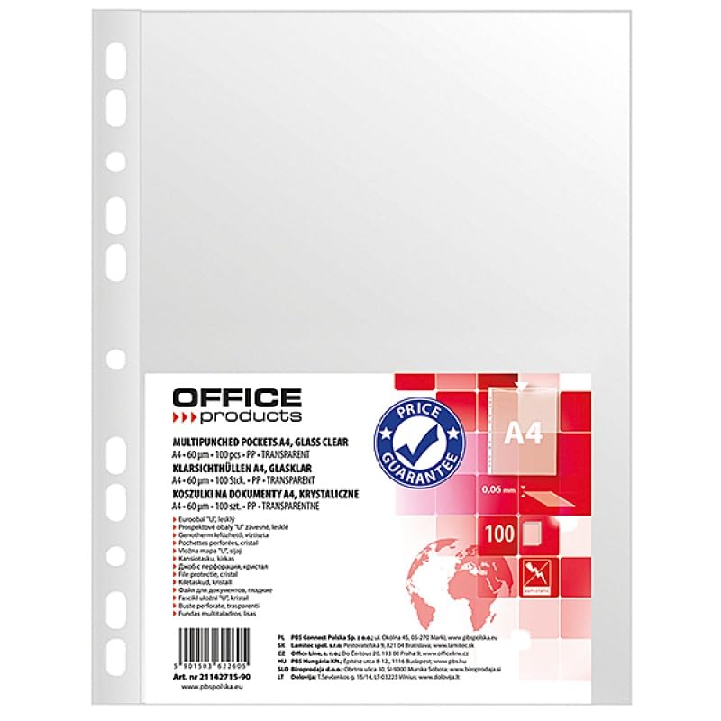 OFFICER PRODUCTS Document Wallets - A4 Size, Pack of 100, Transparent, 11-Hole Punched 1