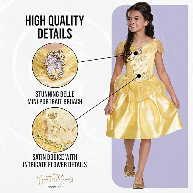 Disney Princess Belle Classic Costume Dress - Satin Bodice & Tulle Overlay, Size S (5-6) 12