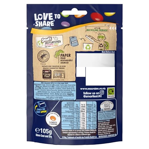 Smarties Milk Chocolate Sharing Bag 105g (Pack of 8)