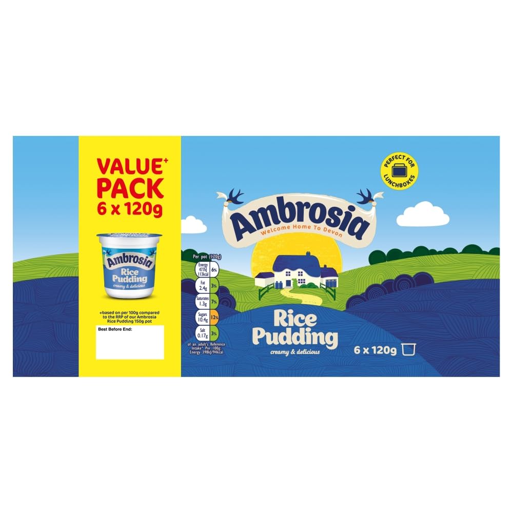 Ambrosia Original Recipe Rice Pudding - Creamy Ready-to-Eat Dessert | 6 x 120g Pots | 720g Total