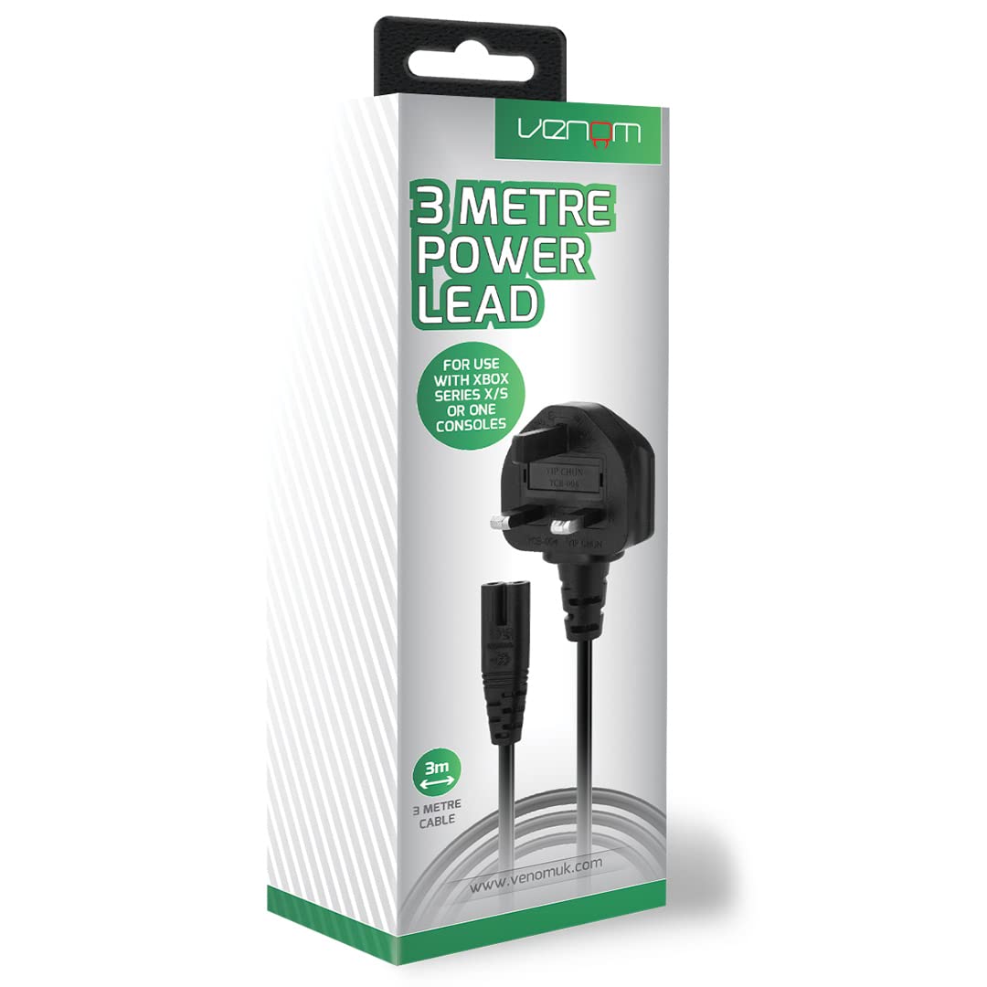 Venom Replacement Power Cable - 3 Metre Length | UK 3-Pin Plug | Xbox Series X/S & Xbox One 1