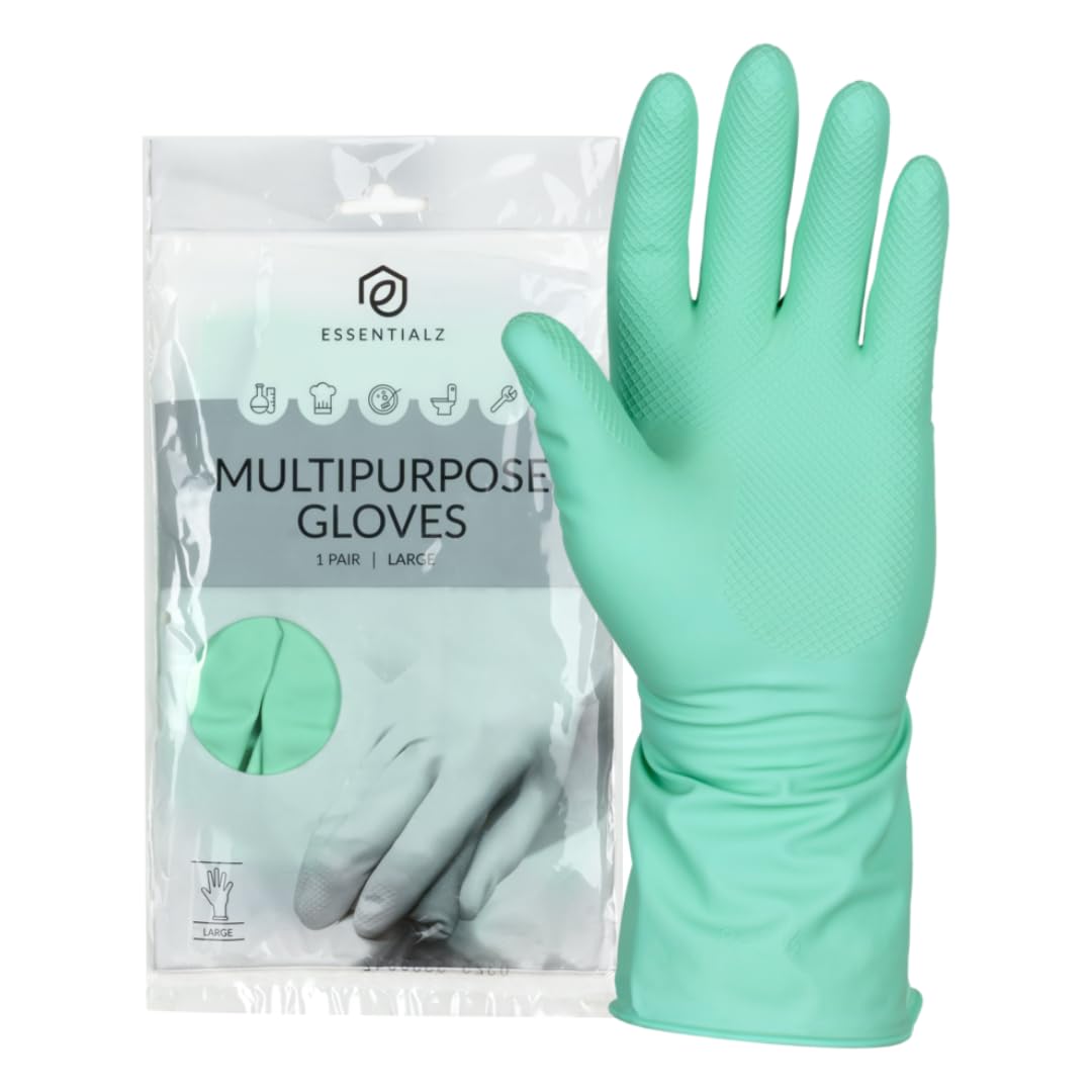 Essentialz Green Heavy Duty Latex Household Gloves - Size L, Reusable, CE CAT III Certified 1