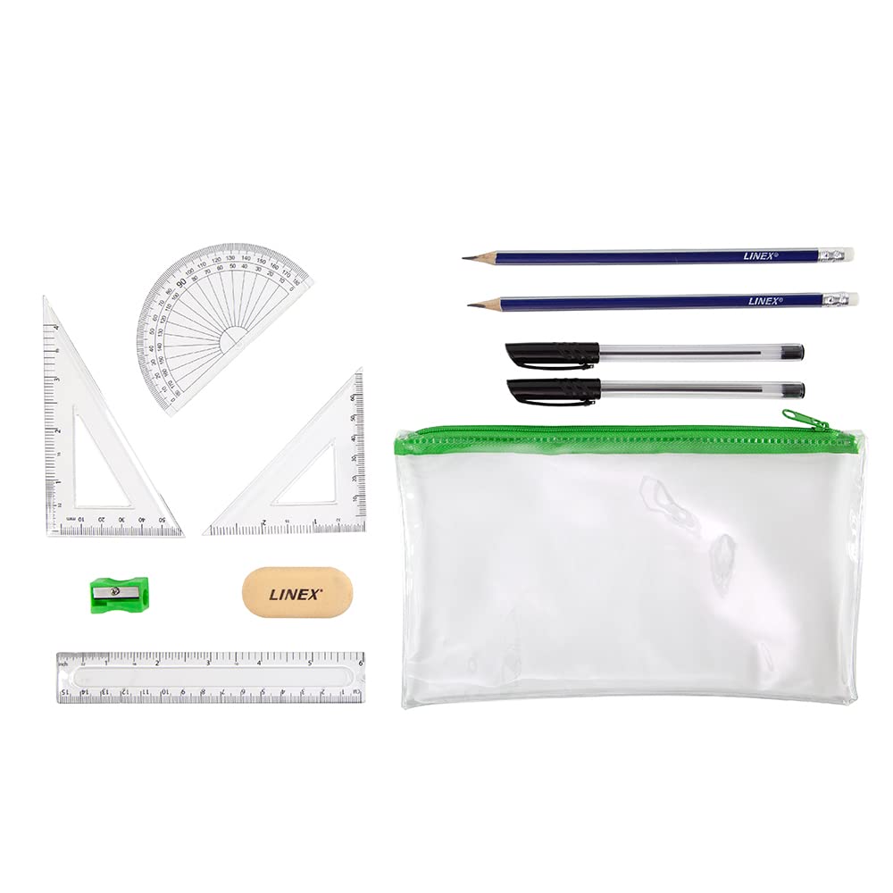 Linex Clear Exam Pencil Case Set with Maths Set Stationery | Zipper Closure | 15cm