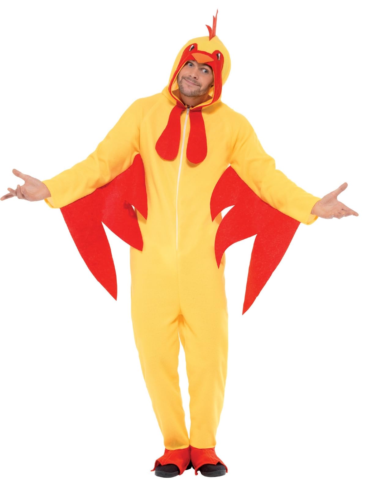 Smiffys Chicken Costume - Bright Yellow Hooded Jumpsuit with Beak and Comb for Adults