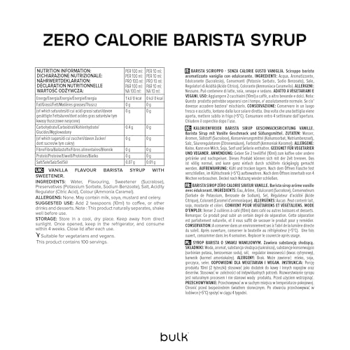 Bulk Zero Calorie Barista Syrup - Vanilla, 1 Litre, Sugar-Free, Fat-Free, Vegan Syrup for Coffee, Protein Shakes & Desserts