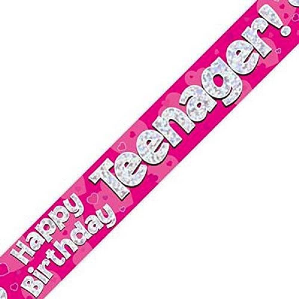 OakTree Happy Birthday Teenager Banner - 9ft Pink Foil Holographic Vinyl | Foldable