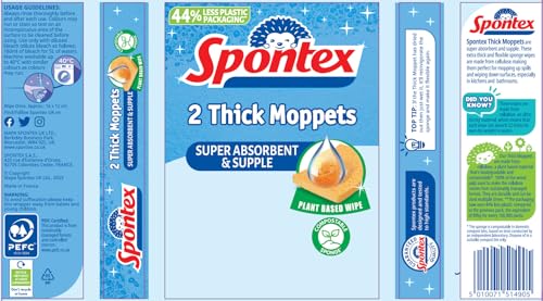 Spontex Thick Moppets 2 Pack - Extra Thick Biodegradable Sponge Wipes 15
