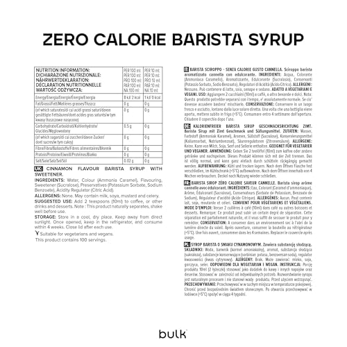 Bulk Zero Calorie Barista Syrup - Cinnamon, 1 Litre, Sugar-Free, Fat-Free, Vegan, Ideal for Coffee, Protein Shakes & Desserts