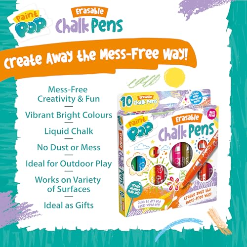 Paint Pop Erasable Liquid Chalk Pens - Mess Free Fine Tip for Glass & Whiteboards | 10 Assorted Colours
