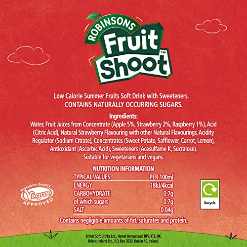 Robinsons Fruit Shoot Summer Fruits Kids Juice Drink 4 x 200ml - No Added Sugar, Vitamins, Spill-Proof Cap