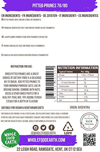 Wholefood Earth Pitted Prunes 70/80 - 250g | GMO Free | Natural | High Fibre 2