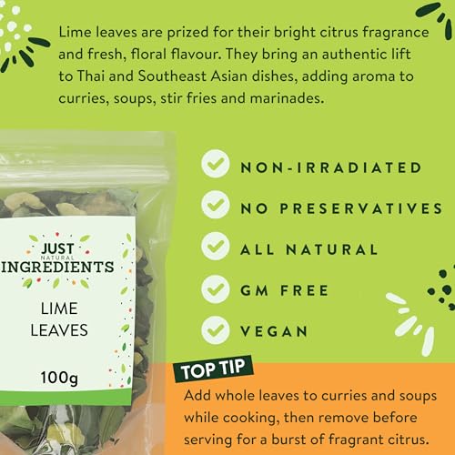 JustIngredients Kaffir Lime Leaves - Authentic Thai Flavor, Dried Whole Spice | 100g