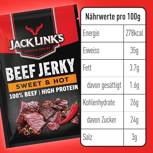 Jack Link's Beef Jerky Sweet & Hot Flavour Multipack of 12 x 25g High Protein Meat Snack