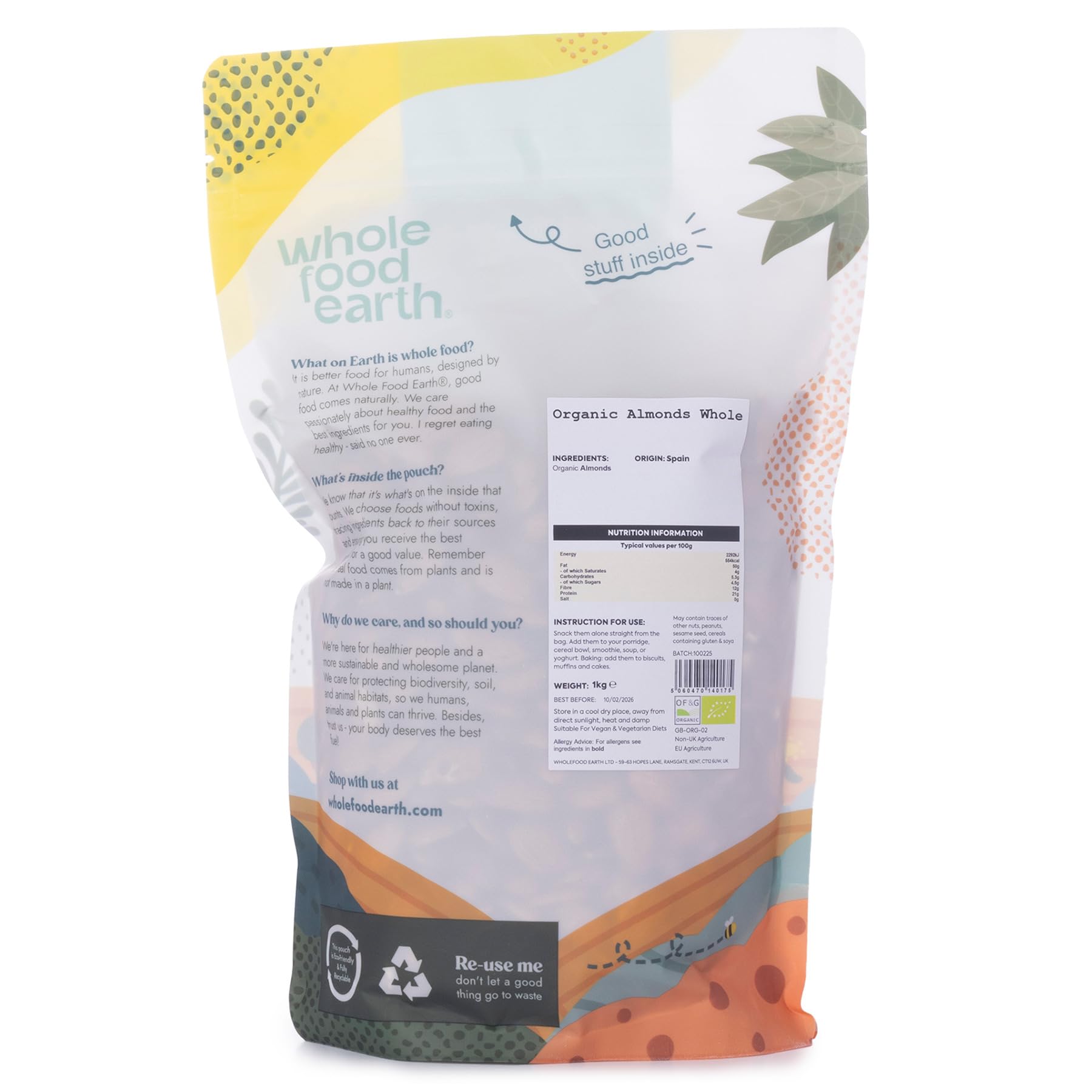 Wholefood Earth Organic Almonds Whole - 1kg | Raw | GMO Free | Vegan