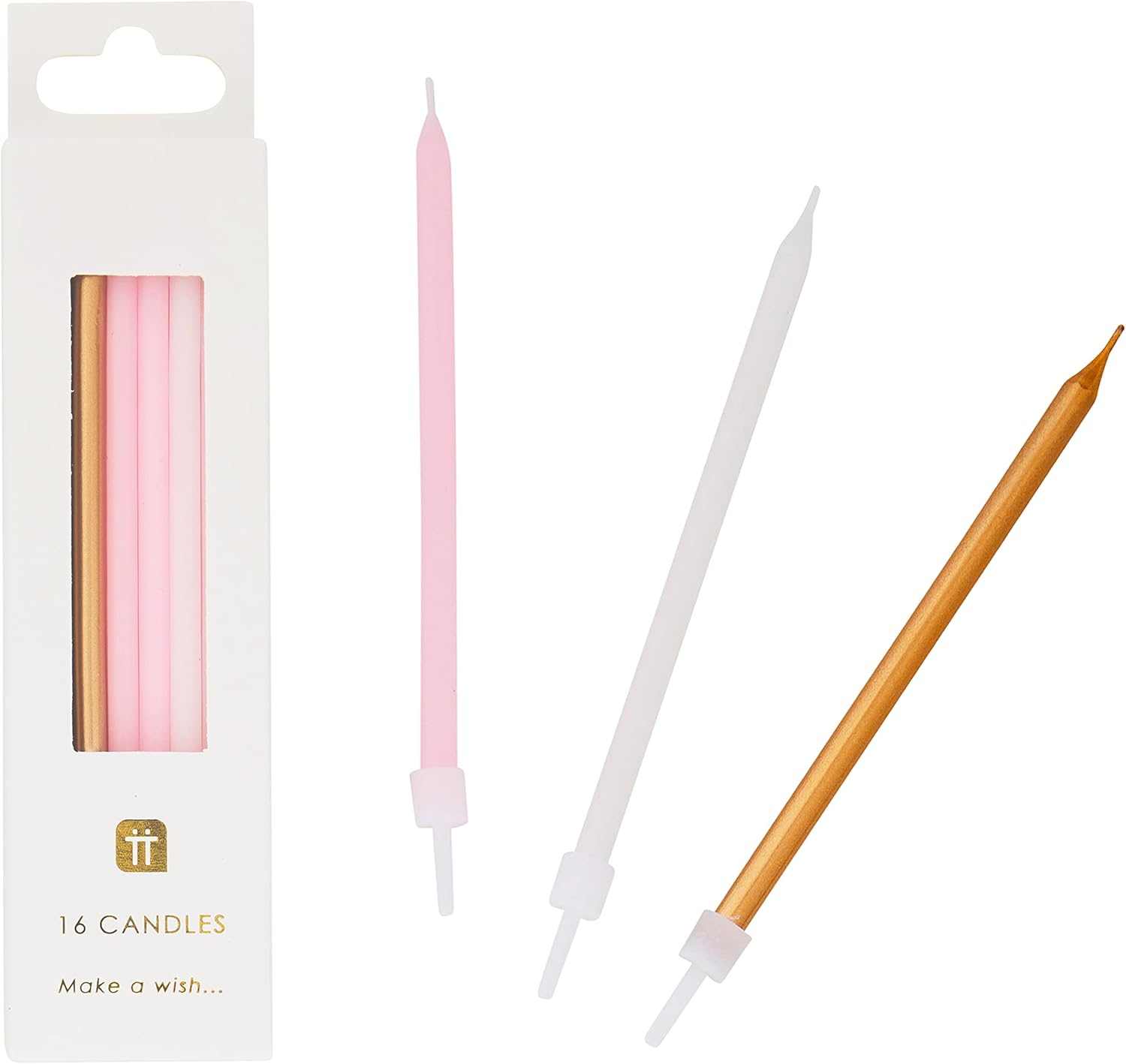 Talking Tables Pink, Gold & White Birthday Candles with Holders - 10cm Tall Party Candles 1