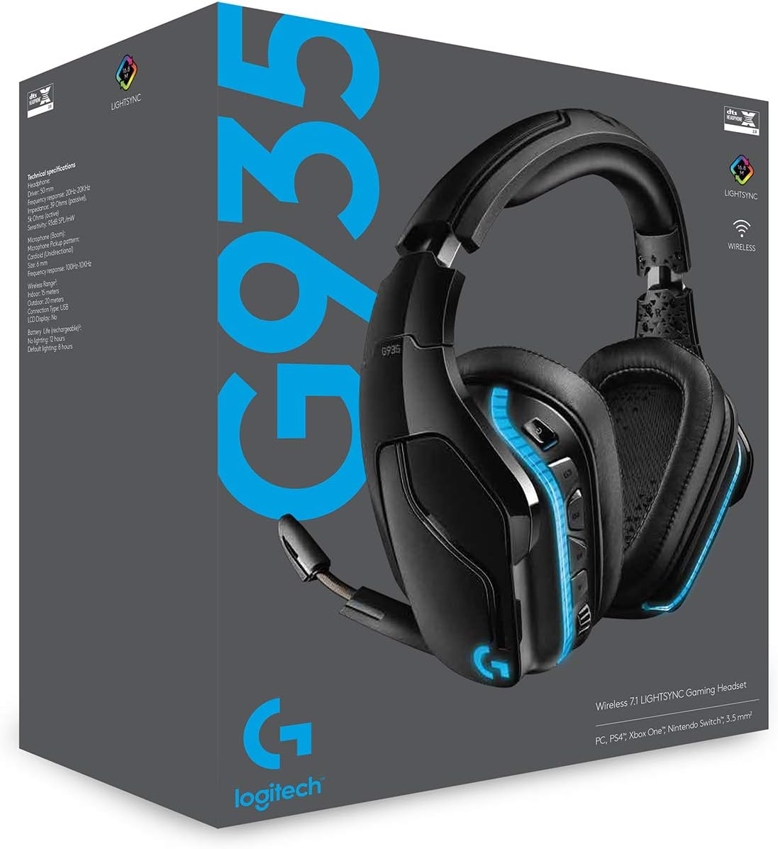 Logitech G935 Wireless Gaming Headset with 7.1 Surround Sound, DTS Headphone:X 2.0, LIGHTSYNC RGB, 50 mm Pro-G Drivers, 6 mm Mic 2