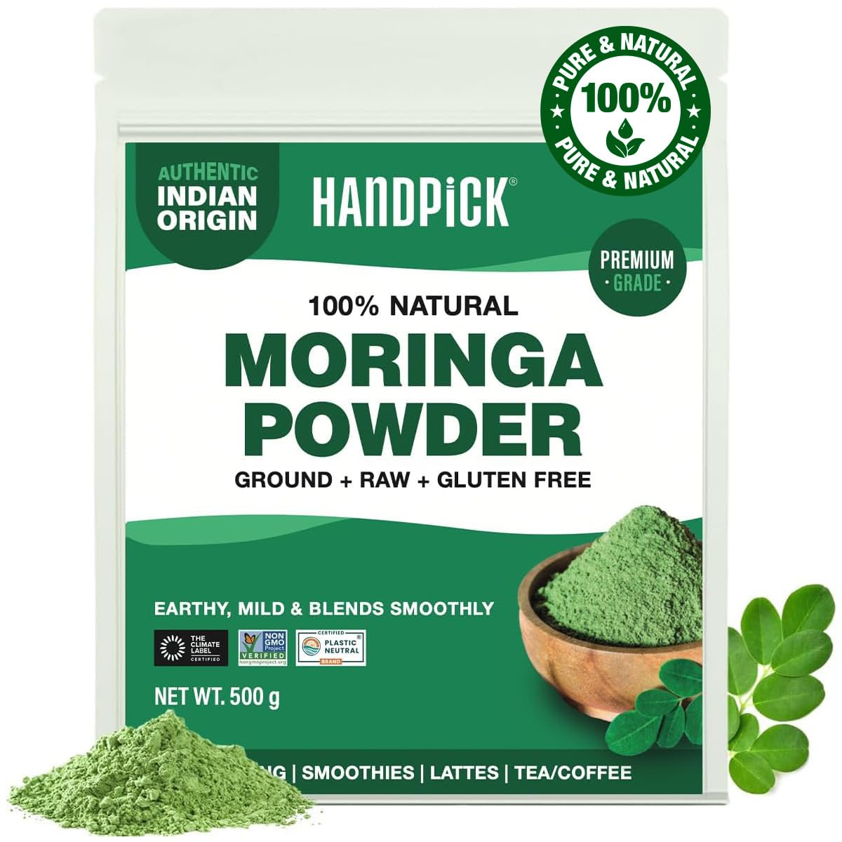 HANDPICK Moringa Powder - Pure Moringa Oleifera Leaves for Smoothies, Lattes & Tea | 500g Resealable Pouch