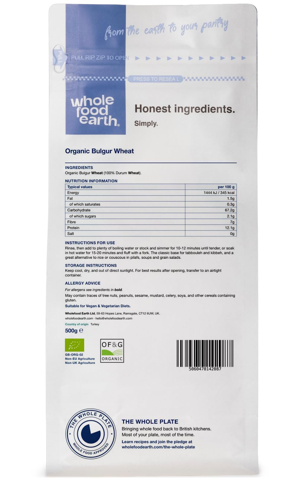 Wholefood Earth Organic Bulgur Wheat - 500g | GMO Free | Vegan | High Fibre