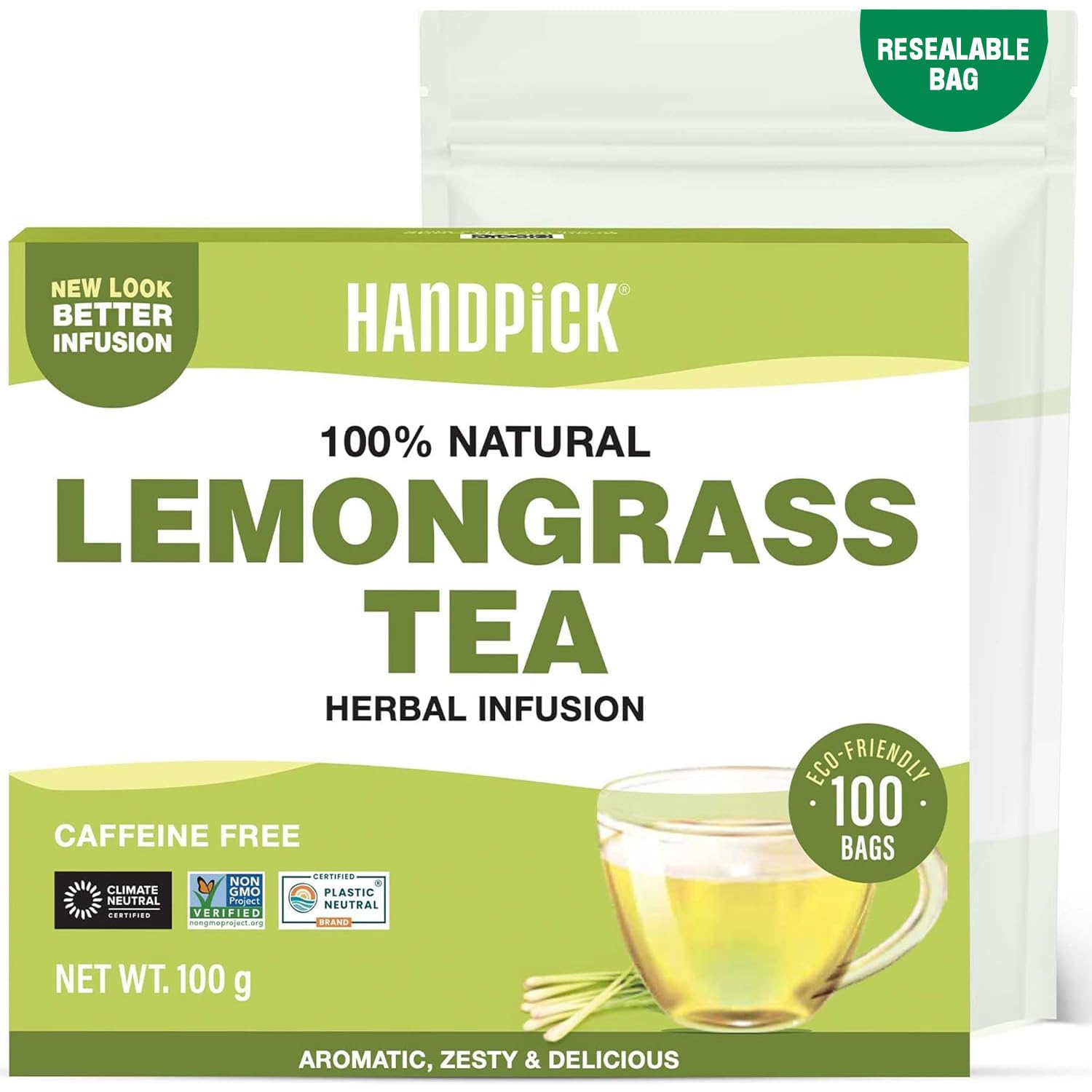 HANDPICK Lemongrass Herbal Tea Bags - 100 Count, Caffeine Free, Non-GMO | Citrus & Mint Flavor