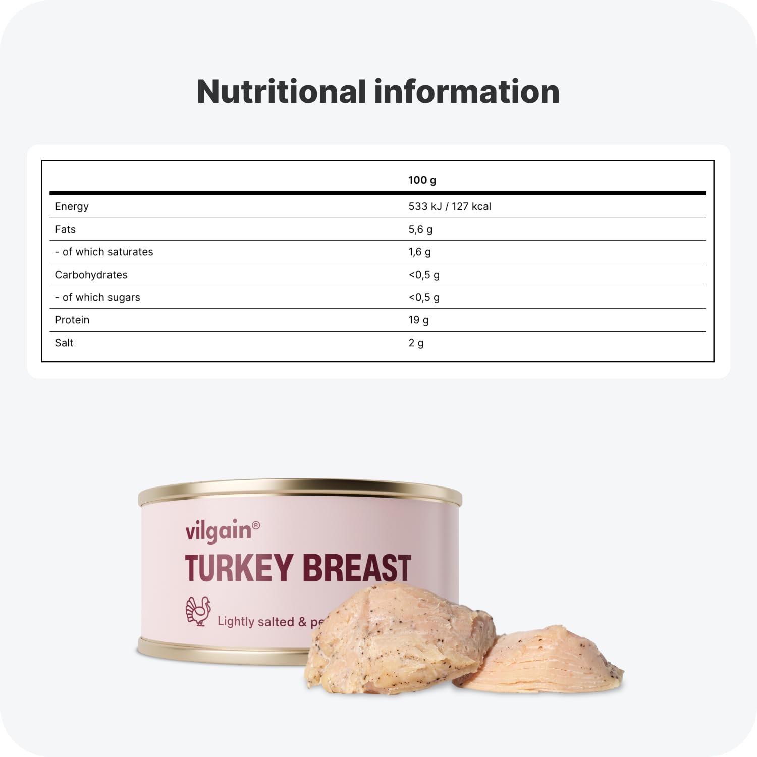 Vilgain Turkey Breast with Salt and Pepper - Ready-To-Eat Lean Poultry | 100g Tin | 22g Protein 6