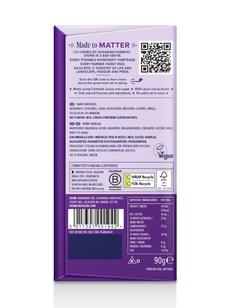 Divine 70% Cocoa Dark Chocolate Bar - 90 g