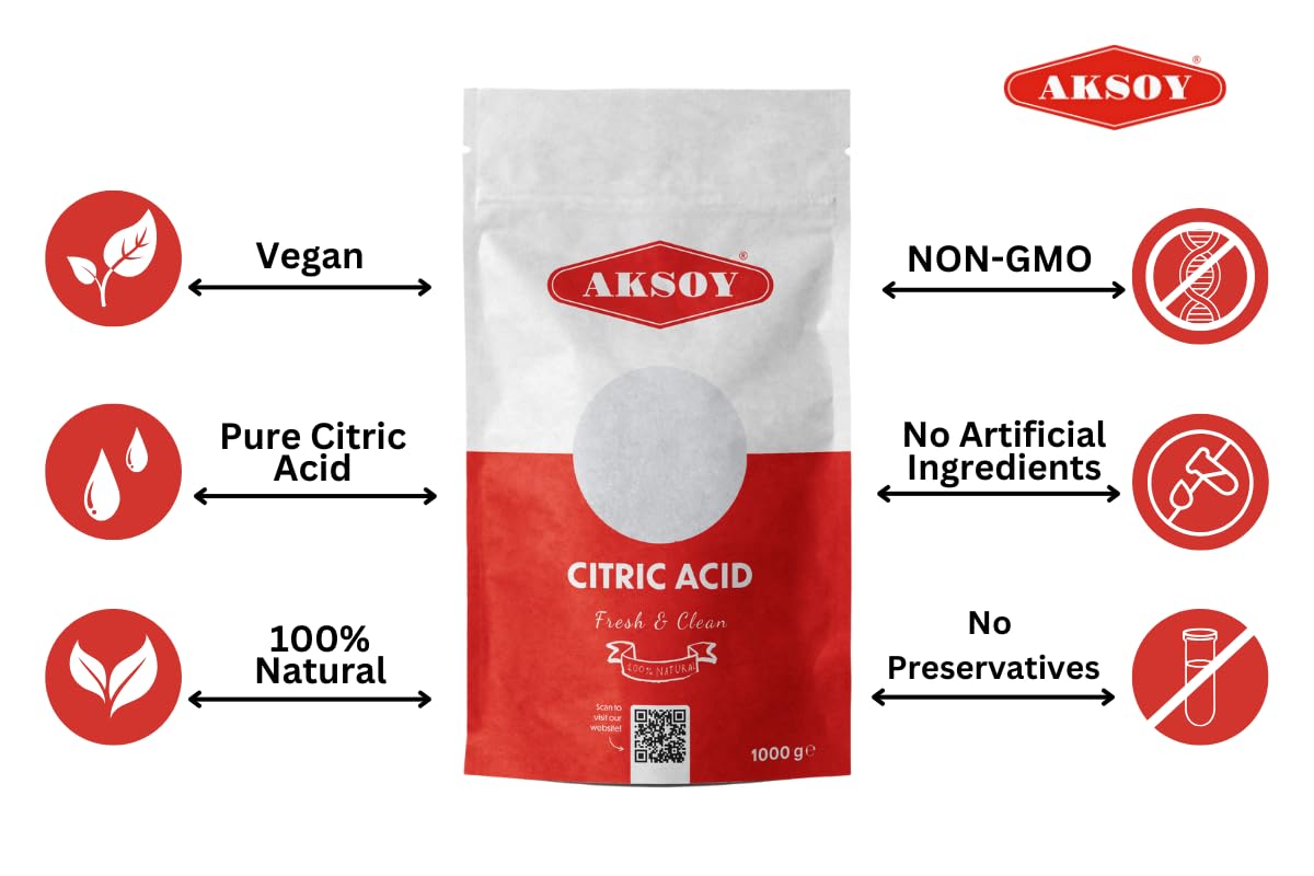 AKSOY Citric Acid Food Grade - 1000g Non-GMO Anhydrous Granule De-Scaler 8