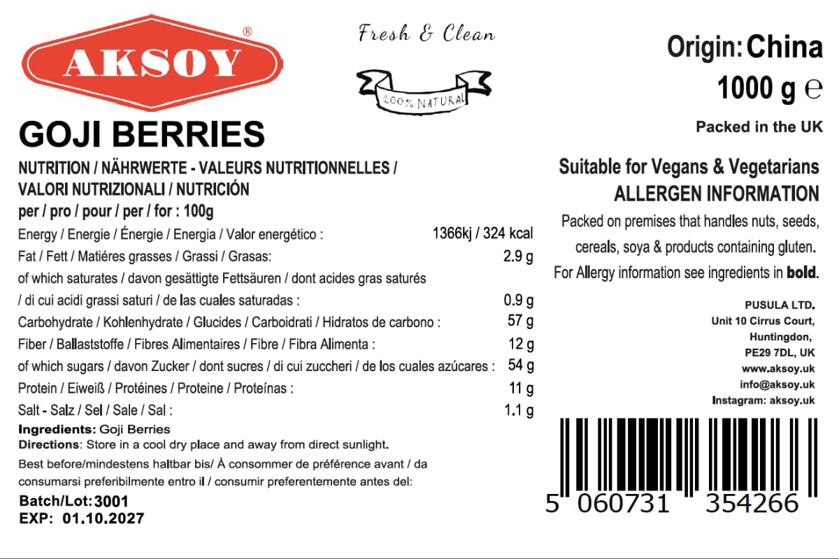 AKSOY Goji Berries - Raw Sun-Dried Wolfberries | 1000g | Natural & Vegan 2