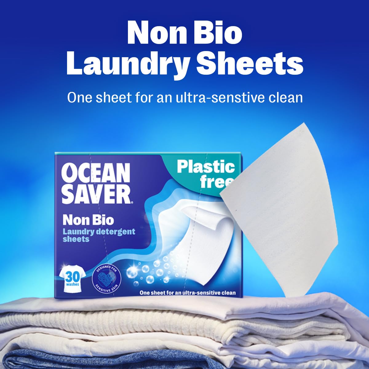 OceanSaver Eco Laundry Detergent Sheets - Non-Bio, Ocean Friendly Formula | Ocean Fresh Linen Scent