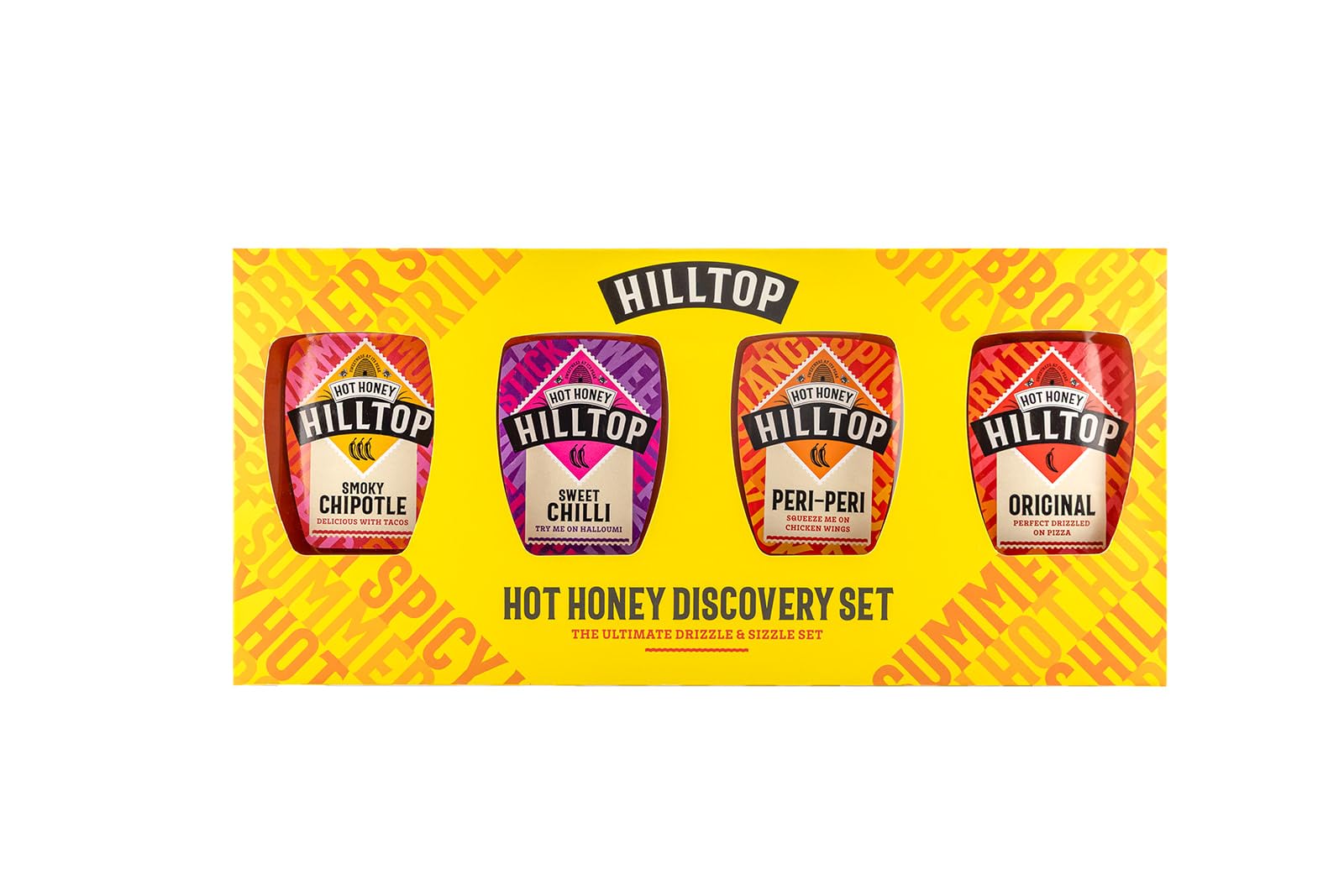 Hilltop Honey Hot Honey Discovery Set - Original, Smoky Chipotle, Peri Peri, Sweet Chilli | 4 x 350g