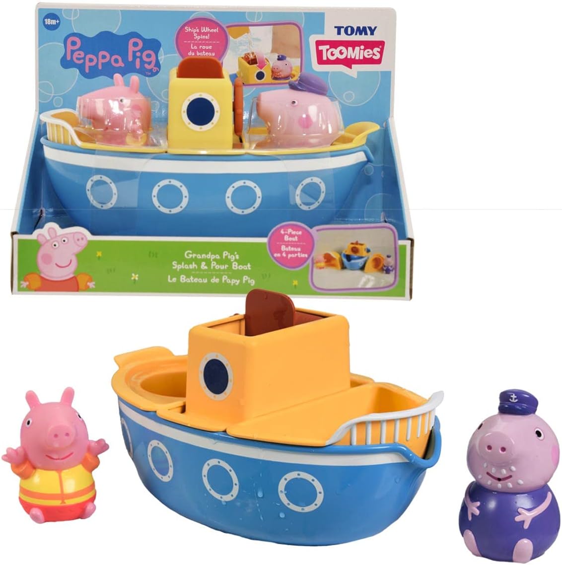 TOMY E73414 Toomies Grandpa Pig’s Splash & Pour Boat - 4 Pc Bath Time Playset 1