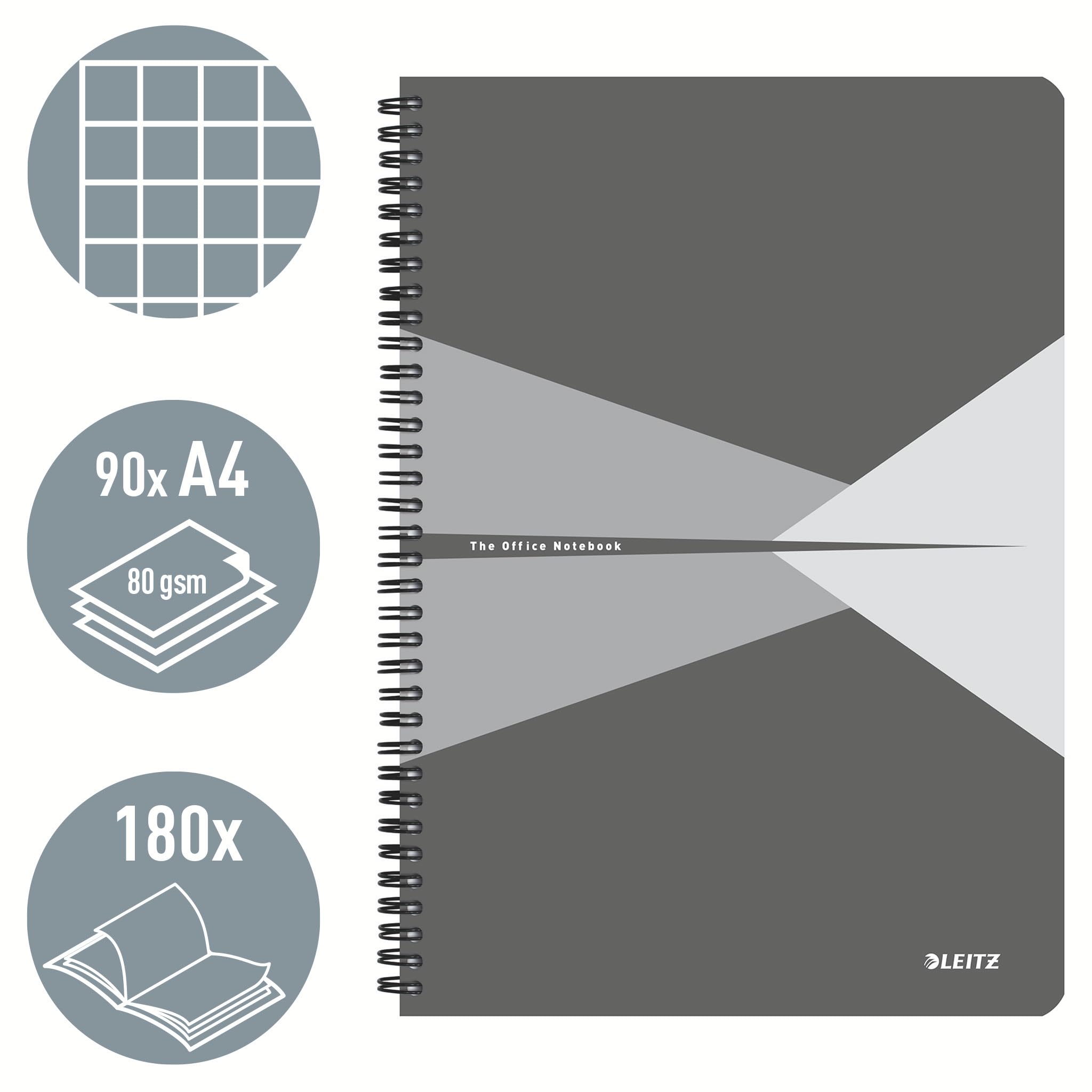 Leitz Office College Pad - A4 Squared Notebook | 180 Pages | Spiral Bound | Grey