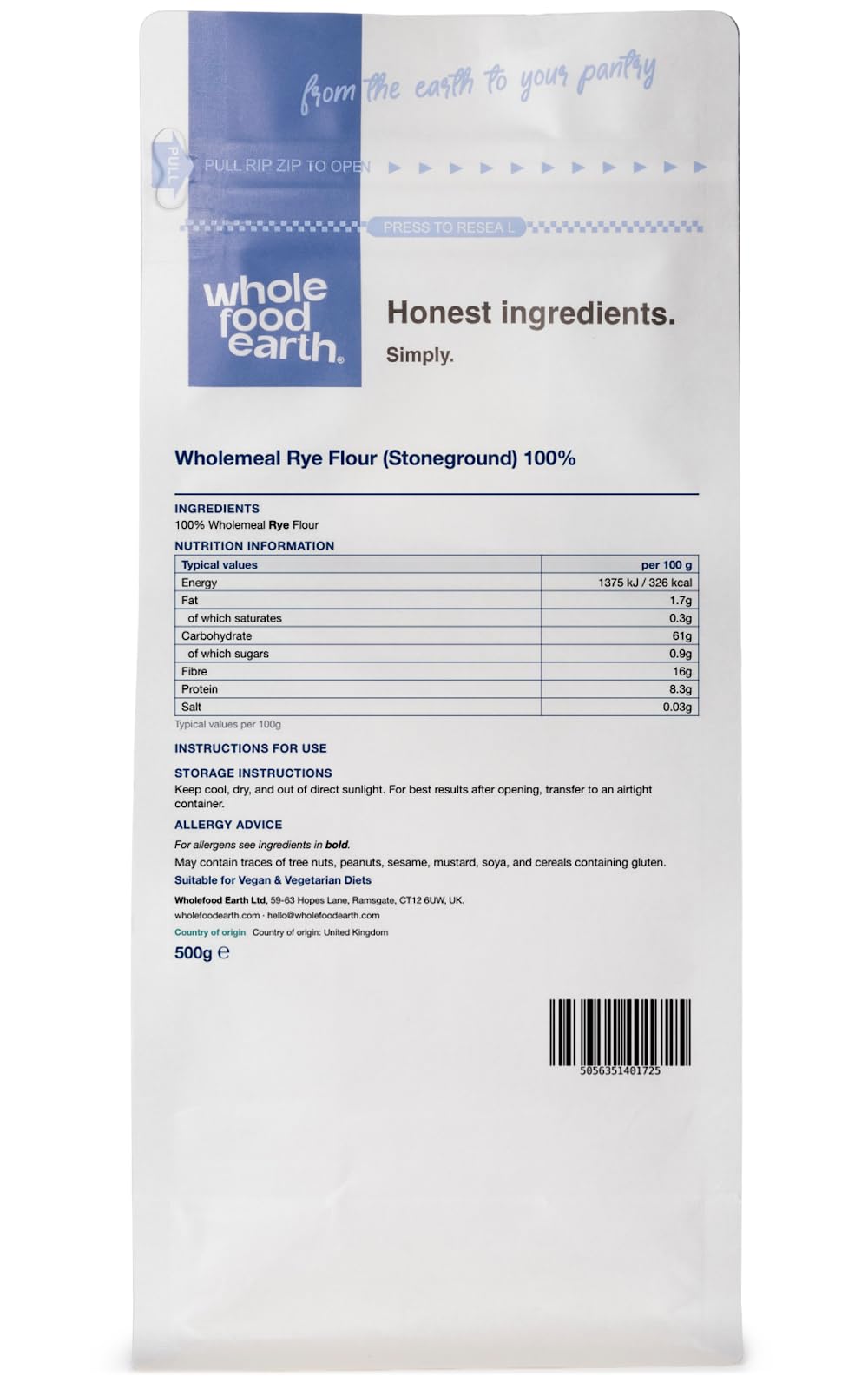 Wholefood Earth 100% Wholemeal Rye Flour - High Fibre, Stoneground, Vegan-Friendly | 500g