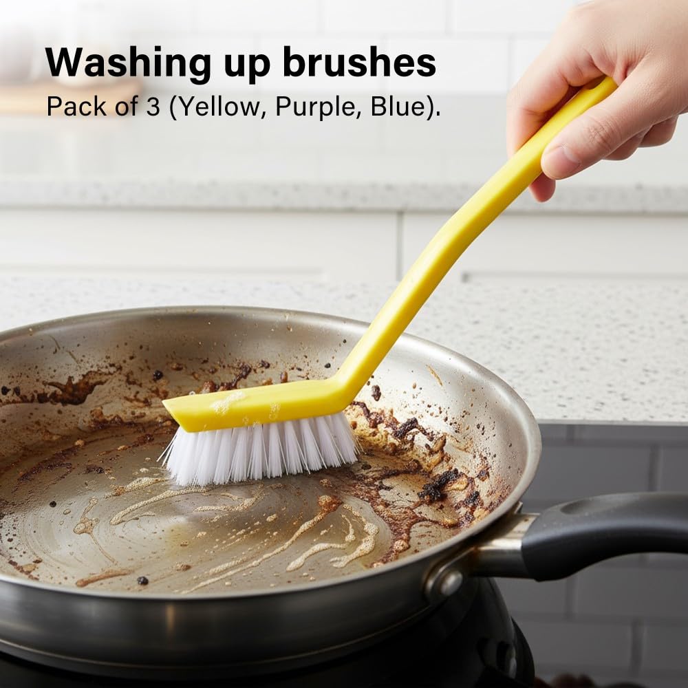 Vivo Technologies - Washing Up Brushes Pack of 3 | Non-Slip Grip with Built-In Scraper for Kitchen Cleaning 4