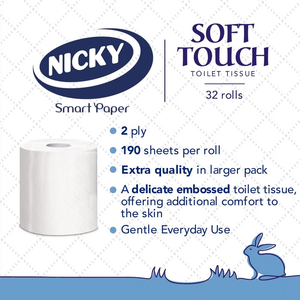 Nicky Soft Touch Toilet Tissue - 32 Rolls, 190 Sheets per Roll, Extra Gentle White Bathroom Tissue 2