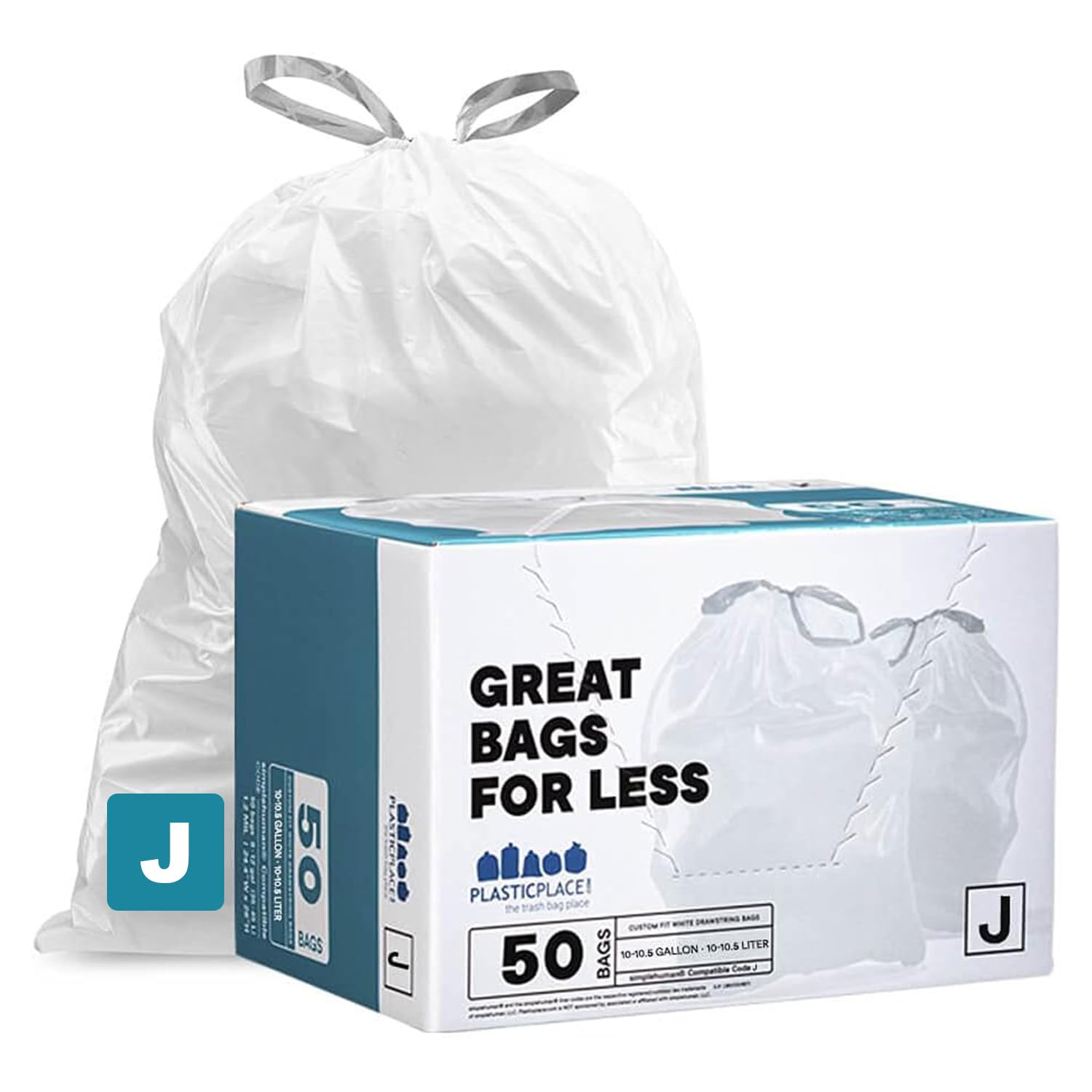 Plasticplace Custom Fit Bin Liners - Compatible with simplehuman Code J, 10-10.5 Gallon, 50 Count, White