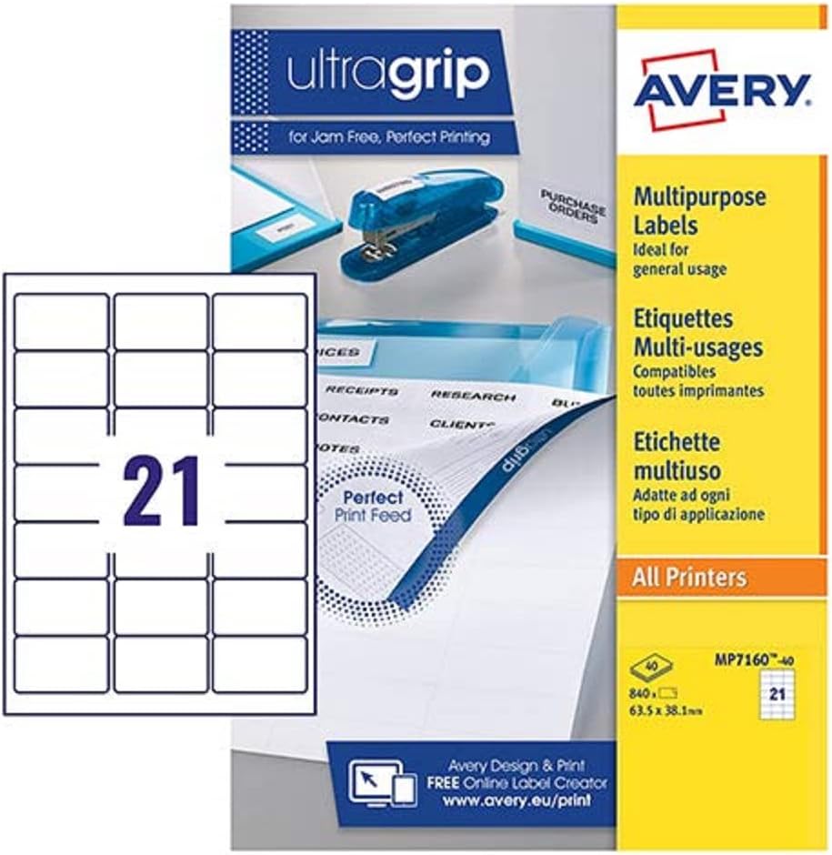 Avery MP7160-40 self-adhesive Multipurpose Labels, 21 labels per A4 Sheet