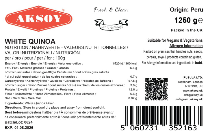 Aksoy White Quinoa 1.25KG - Whole Grain, Ready-to-Cook, Non-GMO, Plant-Based Protein