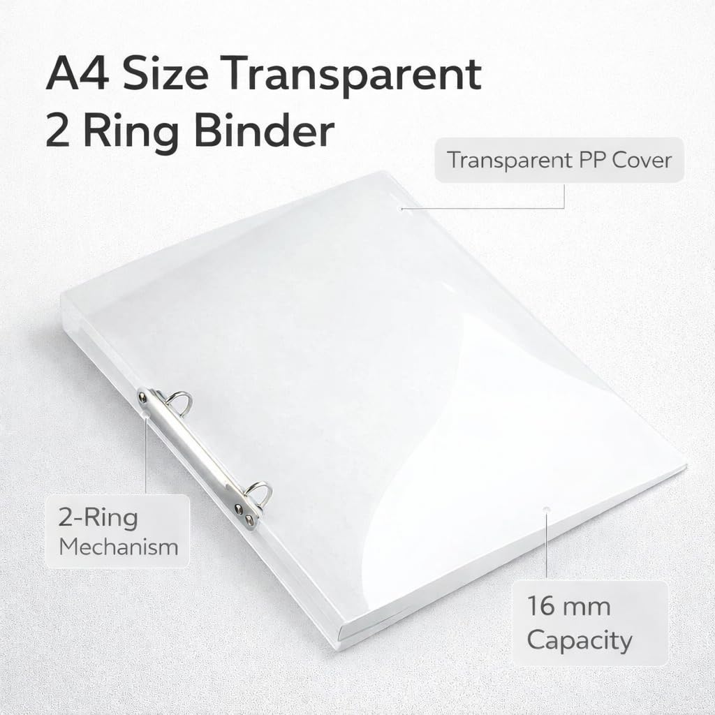 Europel HF2 A4 16mm 2 Ring Padfolio Binder - Transparent Cover, White Spine | Holds 80 Sheets 4