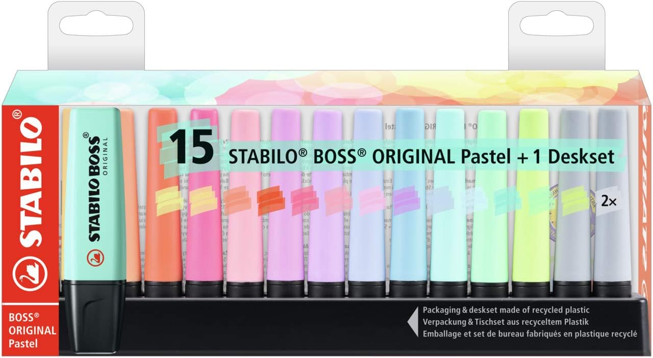 Highlighter - STABILO BOSS ORIGINAL Pastel - Deskset of 15 - Assorted Colours